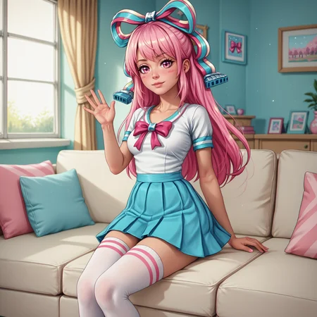 zPDXL2, score_9, score_8_up, score_7_up, detailed, intricate details, chromatic aberration, realistic, front view, looking at viewer, Giffany, Pink hair, long hair, pink eyes, blush stickers waving, good_hands, 5 fingers, sitting on couch, living room, large window, Hair bow, White shirt, blue skirt, pink ribbon, white thighhighs, pink footwear, <lora:Giffany:1> <lora:pony_good_hands:1> <lora:Pony_DetailV2.0:1>