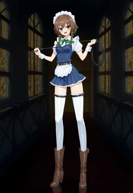 safe_pos, score_9,score_8_up,score_7_up,source_anime,prefect lighting,very aesthetic,prefect hands,best quality,intricate details,masterpiece,high quality,
,izayoi_sakuya, maid, white thighhighs,
kamogawa_tanuki,
tall_girl,long_legs, long legs, tall female
1girl, standing,
laced up boots, brown boots, thighhigh boots, thigh high boots, f3t1sh b00ts, dominatrix, buckle, belt boots, micro skirt, indoors, in castle,
holding a whip