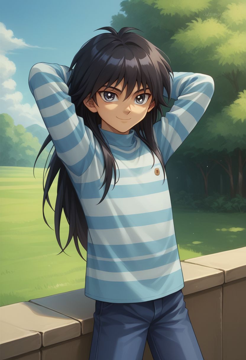 score_9, score_8_up, score_7_up, source_anime, highly detailed,
mokuba, solo, 1boy, male focus, striped shirt, shirt, striped, smile, long sleeves, long hair, pants, black hair, looking at viewer, upper body, smile, hands behind head,
outside,