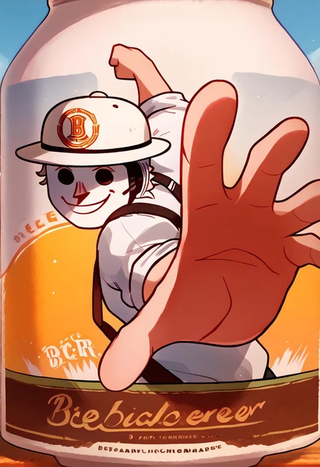 score_9, score_8_up, score_7_up, beerlabel, solo, Packjack, (helmet), smile, tiny hat, white shirt, rolled sleeves, suspenders, IncrsPunchMeme, incoming punch