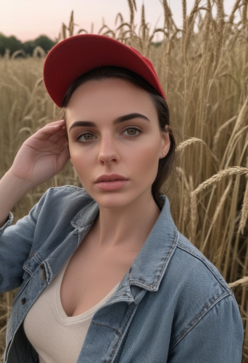30yo american woman in a wheat field
Small eyes. Brown eyes.
Wearing ripped Denim jacket red hat
no makeup. Clear skin.  realistic skin style
Long dark black slick back hair. No makeup. Dusk, Street light. Looking at camera POV. Slight smile, tilting head.. Tilt head. Hands in head, face, lips.
Medium Close Up shot. Bokeh. Bokeh light.