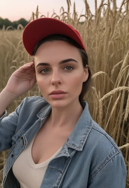 30yo american woman in a wheat field
Small eyes. Brown eyes.
Wearing ripped Denim jacket red hat
no makeup. Clear skin. realistic skin style
Long dark black slick back hair. No makeup. Dusk, Street light. Looking at camera POV. Slight smile, tilting head.. Tilt head. Hands in head, face, lips.
Medium Close Up shot. Bokeh. Bokeh light.