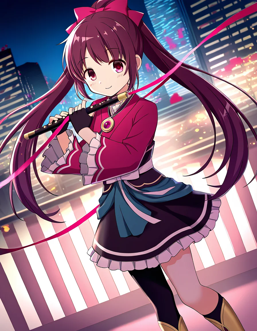 masterpiece, best quality, newest, absurdres, highres, safe, 1girl, amane tsukasa, magia record: mahou shoujo madoka magica gaiden, single pantyhose, playing transverse flute, solo, city, night, dutch angle, <lora:amane_tsukasa_noobaiXLNAIXL_vPred10Version:0.7>