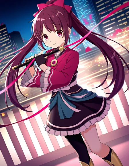 masterpiece, best quality, newest, absurdres, highres, safe, 1girl, amane tsukasa, magia record: mahou shoujo madoka magica gaiden, single pantyhose, playing transverse flute, solo, city, night, dutch angle, <lora:amane_tsukasa_noobaiXLNAIXL_vPred10Version:0.7>
