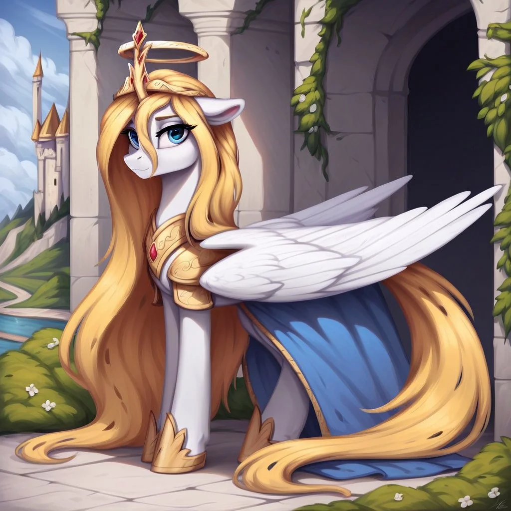 masterpiece, score_9_up, score_8_up, score_7_up, score_6_up, (best quality: 1.1), ultra detailed, high resolution, 1 character, Oiren, changing queen oc, mlp, wild, white skin, long yellow membrane mane, tail, (( (beautiful detailed blue eyes))),(((long blonde hair))), long eyelashes, eyebrows, ears, angel wings, closed mouth, halo, modest silver crown, detailed facial features, valkyrie armor, full body, expressive , highly visible, sharp focus, anatomically correct background, detailed, outside, outdoors, castle in the background, summer,