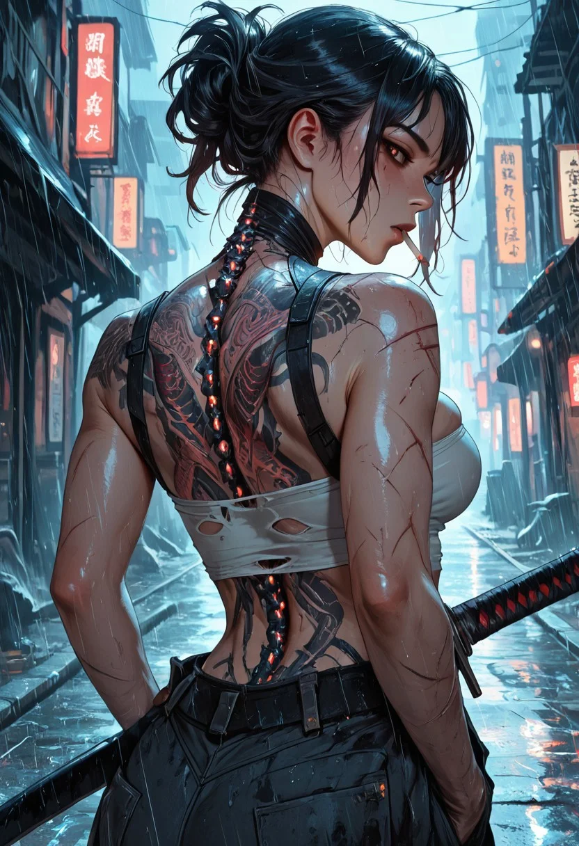 highres, very detailed, amazing quality, masterpiece,
very aesthetic,
particle effect, Cinematic, 
1girl, solo, toned, toned body, scars, slashed clothing, ripped clothing, holes in pants, Black hair, hair up, beautiful, exposed shoulders, exposed back, bionic spine, smoking, cigarette, strong face, angled face, brown eyes, female yakuza, cybernetic katana, bandage top, tube top, large breasts:1.5, looking at viewer, intense glint in eye, beautiful eyes, 
Back tattoo, Dragon back tattoo, 
hands in pockets, baggy pants, ancient pants, 
Raining, ancient Japanese street, 
Close up, cowboy shot, 
From behind, View from behind,