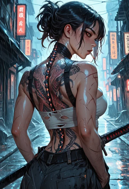 highres, very detailed, amazing quality, masterpiece,
very aesthetic,
particle effect, Cinematic,
1girl, solo, toned, toned body, scars, slashed clothing, ripped clothing, holes in pants, Black hair, hair up, beautiful, exposed shoulders, exposed back, bionic spine, smoking, cigarette, strong face, angled face, brown eyes, female yakuza, cybernetic katana, bandage top, tube top, large breasts:1.5, looking at viewer, intense glint in eye, beautiful eyes,
Back tattoo, Dragon back tattoo,
hands in pockets, baggy pants, ancient pants,
Raining, ancient Japanese street,
Close up, cowboy shot,
From behind, View from behind,