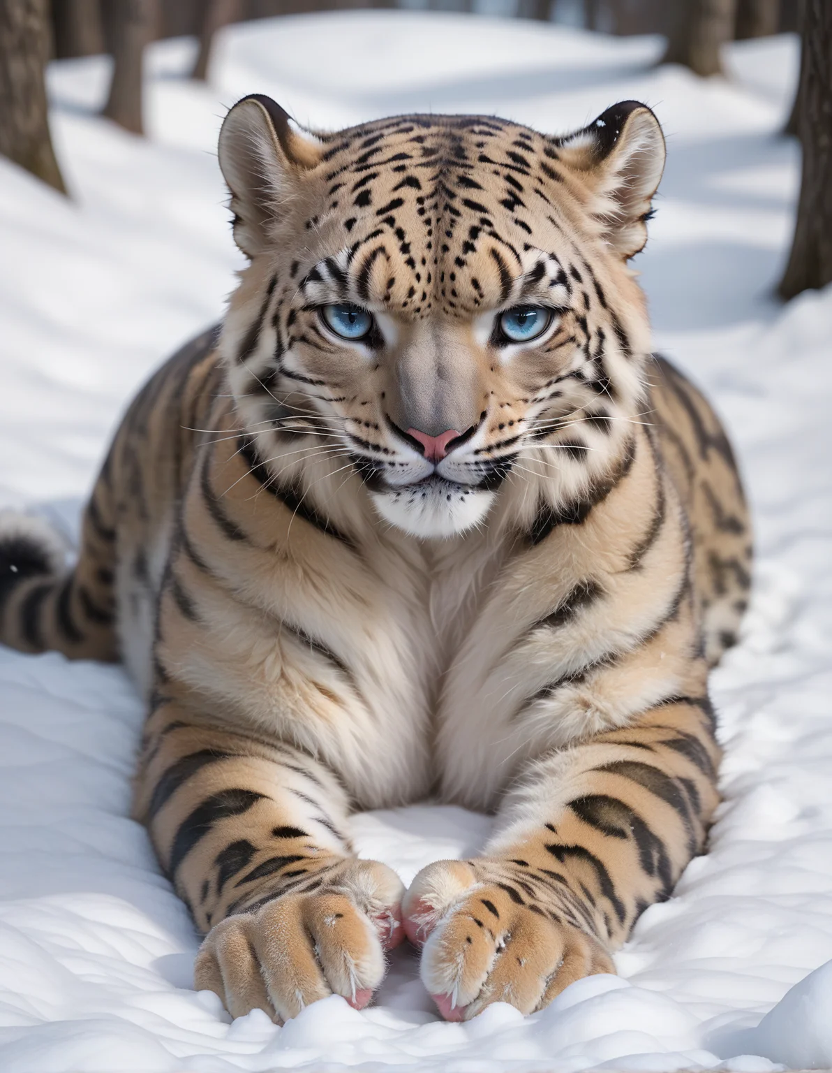 cinematic photo score_9, score_8_up, score_7_up, score_6_up, score_5_up, score_4_up, no humans, hud_sn0w_le0pard, solo, tiger, cat, blue eyes, whiskers, outdoors, lying, on stomach, <lora:snow_leopard:0.8>, looking at viewer, snow, . 35mm photograph, film, bokeh, professional, 4k, highly detailed