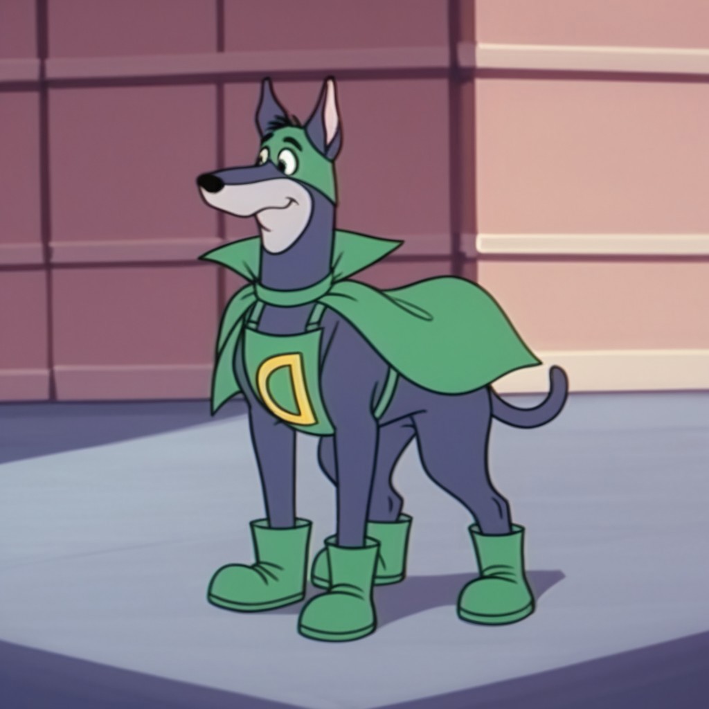 score_9, score_8_up, score_7_up, score_6_up, score_5_up, score_4_up, source_furry, dynomuttHB, semi-anthro, male, Doberman,  Blue-gray fur, black eyes, green cape, green mask, green boots, green chest plate, green collar, green gloves, outside,