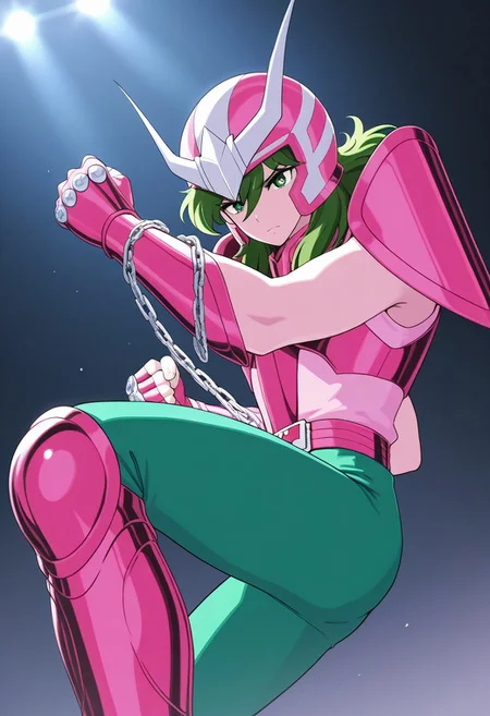 score_9, score_8_up, score_7_up, masterpiece, ANDROMESHUN, ANDRSHUNV1, 1boy, slender figure, pink pauldrons, pink helmet with two prongs and silver accents, long wavy green hair, green eyes, pink sleeveless armor, pink vambraces, fingerless pink gloves, pink thighhigh greaves, green pants, pink belt, pink boots, chains, action pose, dynamic, (highly detailed:1.2), (intricate:1.2), (best quality:1.2),(8k:1.2), (sharp:1.2), (majestic:1.2), natural lighting, detail++,