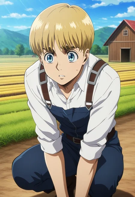 masterpiece, best quality, , anime screencap, anime coloring, official style, , , 1boy, solo, male focus, <lora:armin_arlert_ilxl:0.96>, armin_arlert, blonde hair, blue eyes, very short hair, bowl cut, , , focused, farm, plantation, day, squatting, sparkling eyes,