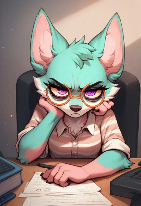 (source_furry, score_9, score_8_up, score_7_up, score_6_up, score_5_up, score_4_up), BREAK solo,1girl, furry, berrsea, dog, purple eyes, eyelashes, chimera fur, aqua fur, pink fur, stripes, annoyed, bags under eyes, orange glasses, round eyewear, sitting at desk, staring at computer screen, unw3ll, gloomy, eerie,