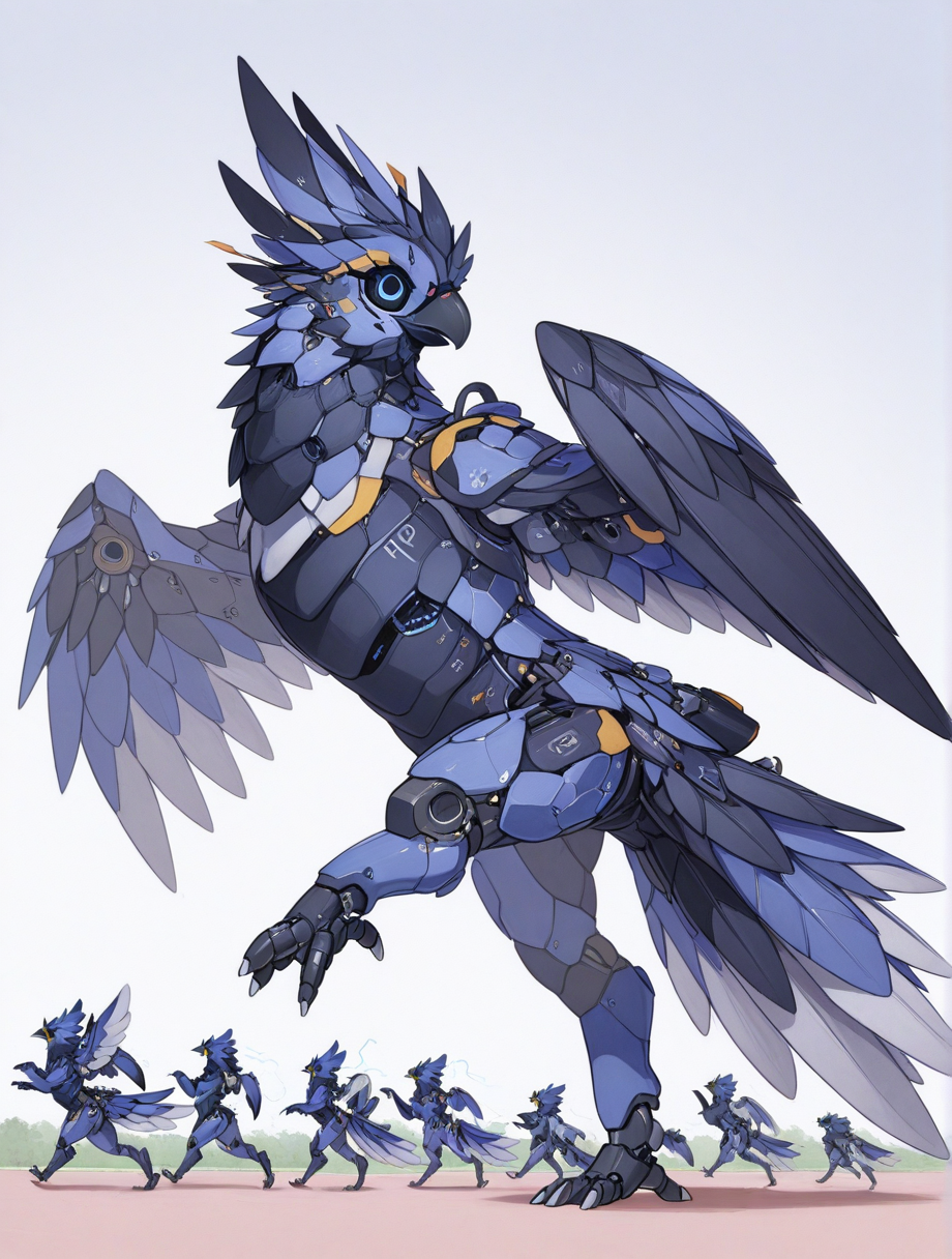 high quality, best quality, masterpiece, highres, very aesthetic, absurdres, <lora:NSFWFilter_illusXL_Incrs_v1:-.5>, solo focus, jogging, 
female, feral, no humans, animal focus, thunder bird, beak, feathers, wings, <lora:Mega_Feathery_for_Illustrious_XL:.8>, megafeathery, covered in electriciy
, <lora:Illustrious_xezeno_style:1>, robot, mechanization, <lora:Ace_Glitch_Style:1>