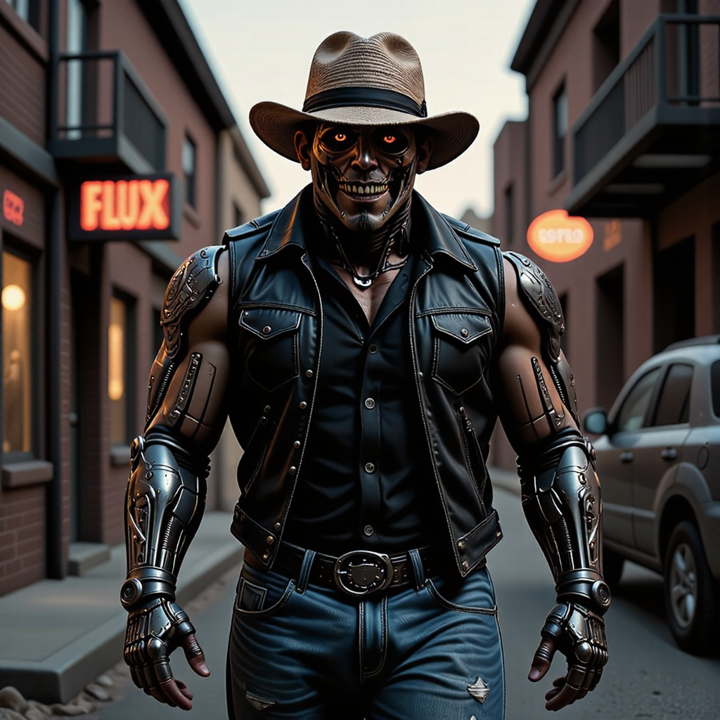 westernpunk style, a muscular westernpunk man, the lower half of his face is a dark robotic metallic resembling a creepy skeleton, while the upper half is a humanistic flesh of a grizzled, masculine man. He is walking down an industrial alleyway mid morning with caustic rim light, he face is mostly lit. He is wearing a western shirt with the sleeves cut-off, and Levi's denim vest over top. An imposing physique with a muscular build, reminiscent of a biker / old western outlaw style. They wear a black, sleeveless leather vest over a black shirt, cinched with a belt, and classic Levi's 501 jeans, showing off his flesh colored mechanical_arms. The mechanical_arms have intricate designs colored to appear like tribal tattoo's. A straw cowboy_hat with the sides rolled reveal most of his face from the shadows of the atmospheric perspective of the rim lighting, the reveals a menacing, sharp-toothed pamsml mouth of his skeletal jaw and glowing mechanical red eyes, of the cyborg human hybrid.  <lora:scifi/fluxWesternPunk_v1:0.7>, <lora:flux/aidmaImageUpgrader-FLUX-V0.2:1>, aidmaimageupgrader, realistic, <lora:flux/Herbst_Photo_35mm v2:0.8>, herbstphoto, <lora:creepy-smile:0.8>, . Wild West and futuristic aesthetic with high-tech machines, sci-fi western elements, and augmented mechanical enhancements, cowboy or gunslinger