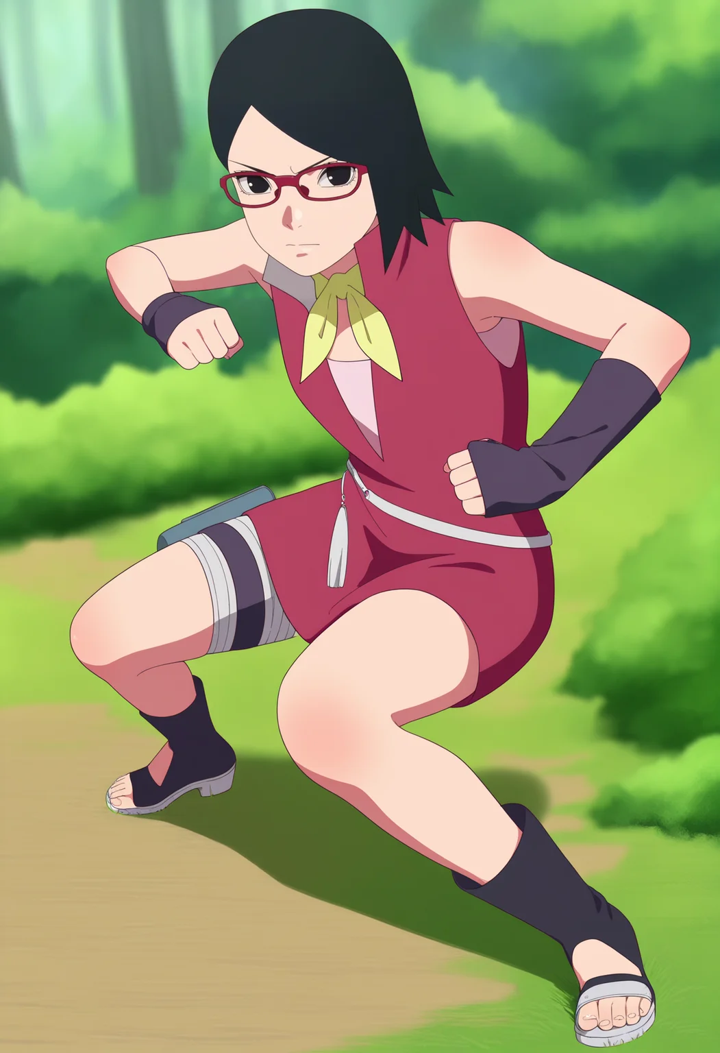 masterpiece, best quality, very aesthetic, absurdres,
1girl, sarada, black eyes, black hair, short hair, glasses,
red sleeveless dress, ascot, toeless shoes,
clenched hands,
fighting stance, full body, looking at viewer, solo, standing, outdoors, forest,, <lora:SaradaAcademyNoobXL_byKonan:1>