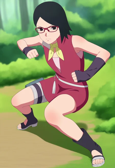 masterpiece, best quality, very aesthetic, absurdres,
1girl, sarada, black eyes, black hair, short hair, glasses, 
red sleeveless dress, ascot, toeless shoes,
clenched hands,
fighting stance, full body, looking at viewer, solo, standing, outdoors, forest,,    <lora:SaradaAcademyNoobXL_byKonan:1>