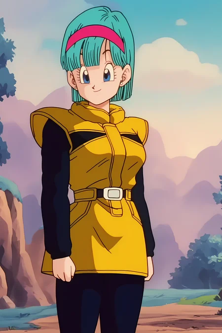 source_anime, score_9, score_8_up, score_7_up, anime screencap, high quality, 8k, absurdres, official style, 
bulma, namek saga, short hair, fringe trim, blue eyes, bangs, pink hairband, aqua hair, 
namek outfit, black undershirt, long sleeves, two tone jacket, sleeveless jacket, shoulder pads, yellow jacket, yellow skirt, belt, pantyhose, black legwear, miniskirt, yellow skirt,
cowboy shot, ((v)), smile, tree, nature, field, raised eyebrows, 
 <lora:bulmaDBZ_pony_v2:0.8>