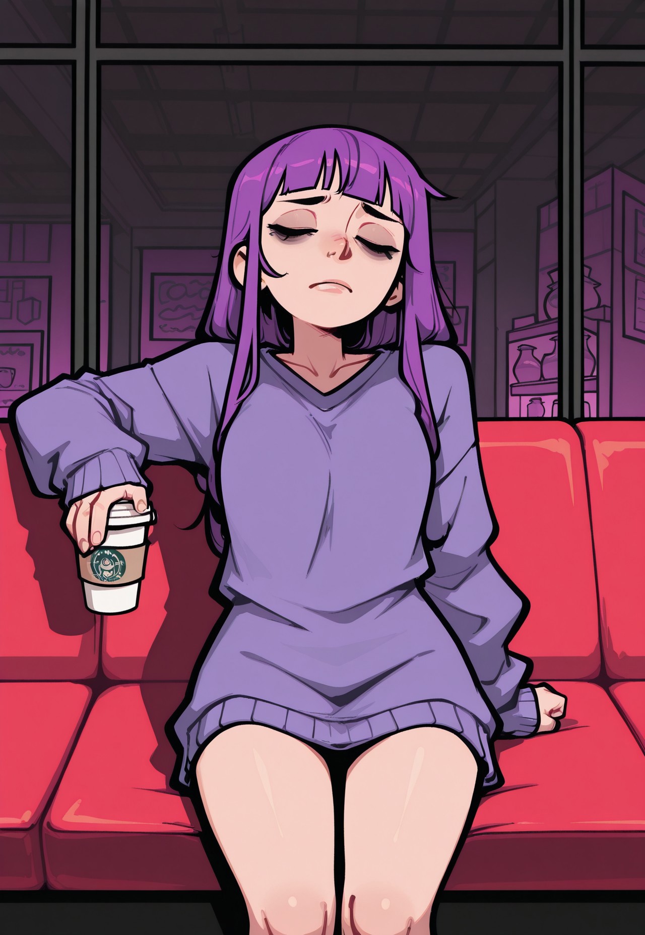 masterpiece, best quality, amazing quality, very aesthetic, absurdres, bridgetoon,
BREAK,
1girl, solo, purple hair, blunt bangs, bags under eyes, tired, deep purple sweater, oversized clothes, sitting, coffee shop, holding coffee cup, partly closed eyes, relaxed, leaning back, arm over couch, slouch, 
BREAK, abstract background, painted background, brightly colored paints, detailed background, surreal paint strokes, vibrant neon colors, deep contrast, high contrast black, dramatic composition, 