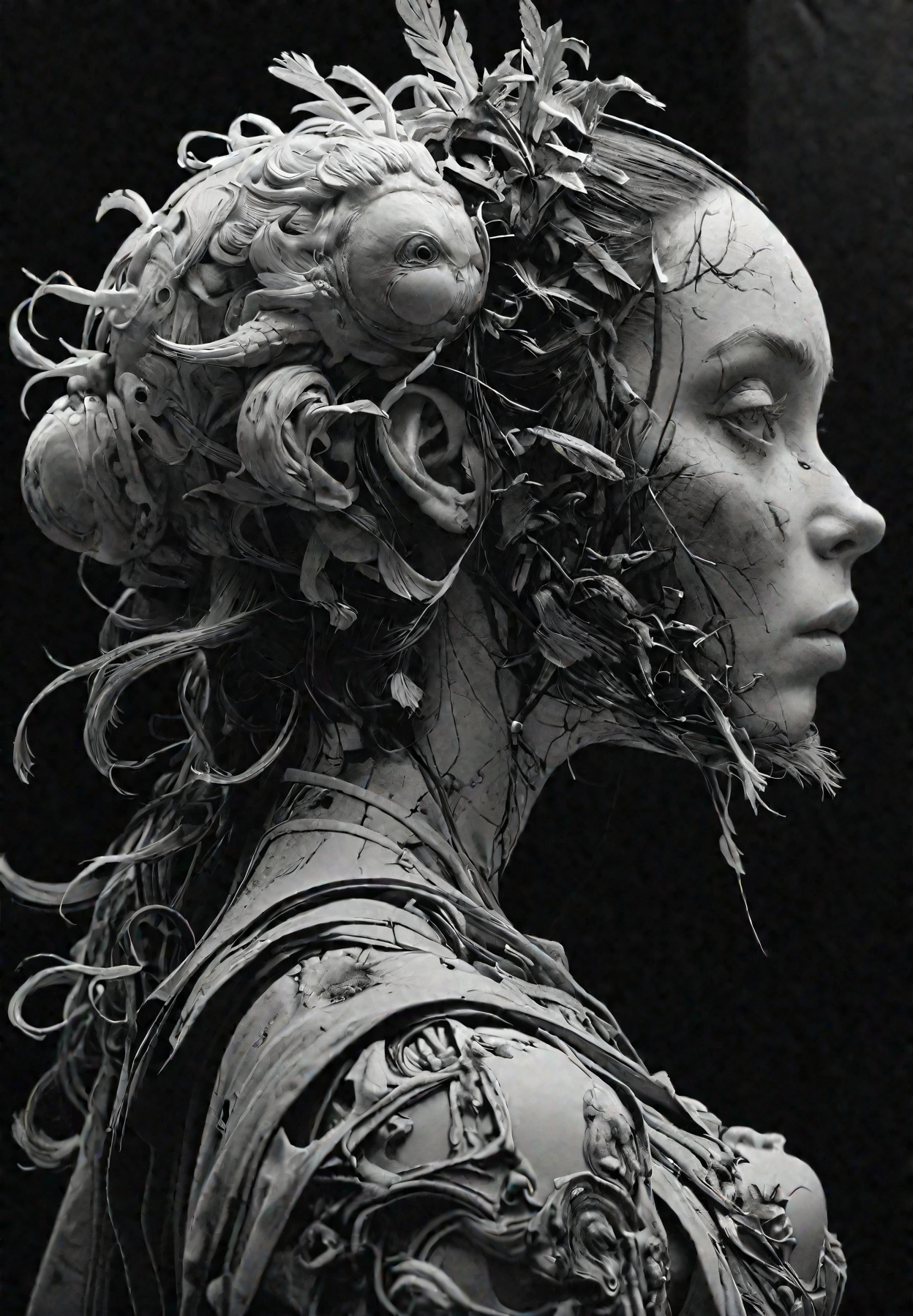 photography in the style of detailed hyperrealism, candid 35mm shot, 
multi exposure, surrealistic creature, wide shot, award winning, 
distortion, perfectly focused, dof, 
Ashley Wood, Andrea Mantegna, 
original phenomenal masterwork with virtuoso details, b&w, black background, 
<lora:add-detail-xl:1>, <lora:MJ52:0.5>, <lora:Sinozick>, DARK, CHIAROSCURO, LOW-KEY