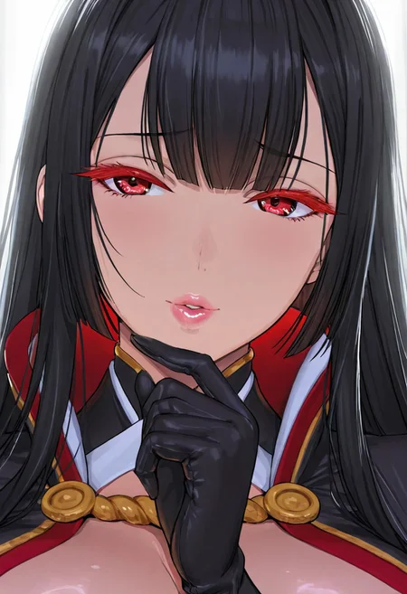1girl, Takemura Youhei
\(Mato Seihei no Slave\),, adult woman, milf, masterpiece, black japanese kimono, hand up, black gloves, high collar, dark black hair, long hair, very long hair, luscious lips, lip gloss, portrait, colored eyelashes, backlighting, red eyes, goddess, glossy skin, ,hires,best quality, very aesthetic,absurdres,score_9, score_8_up, score_7_up, score_6_up, score_5_up, score_4_up, (hyper extreme detailed), (hyper quality), game CG, (colour:1.2),(from side:0.7)