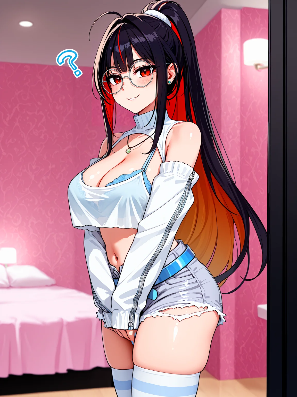 1girl, solo, moranoffdutyqueen, red eyes, bare shoulders, large breasts, cleavage, midriff, navel, blue nails, nail polish, <lora:Moran_Off-Duty_Queen_IL:1>, BREAK,
black hair, red hair, brown hair, multicolored hair, streaked hair, colored inner hair, very long hair, high ponytail, hair scrunchie, ahoge, hair intakes, blunt bangs, double-parted bangs, long sidelocks, BREAK,
round eyewear, stud earrings, crop top, white camisole, halterneck, cleavage cutout, necklace, lingerie, bra peek, blue bra, BREAK,
shoulder cutout, detached sleeves, white sleeves, sleeves past wrists, sleeve zipper, zipper pull tab, BREAK,
torn shorts, grey shorts, short shorts, denim shorts, open fly, belt, dinosaur footprints, white thighhighs, BREAK,
blush, smile, confused, question mark, BREAK,
v arms, covering crotch, cowboy shot, looking at viewer, from side, BREAK,
indoors, (love hotel:1.5)