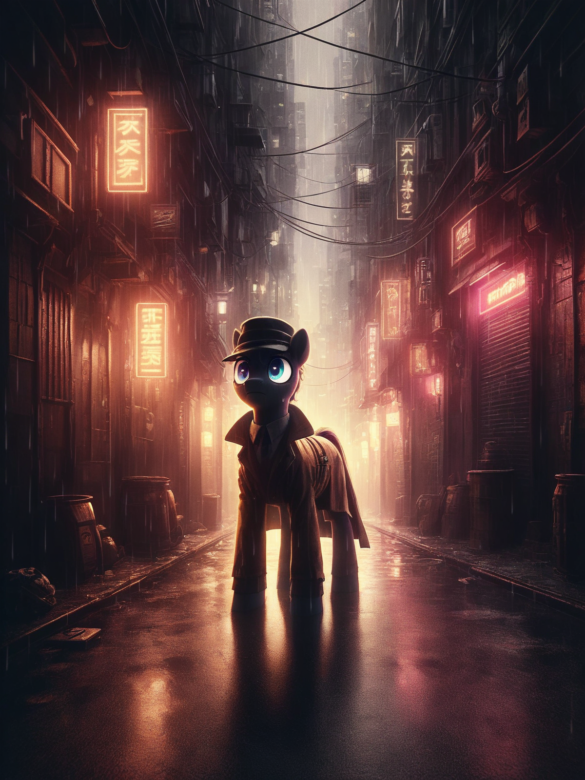 score_9, score_8_up, score_7_up, pony wearing a trench coat and hat in the rain in alley,garbage, 1940, noir <lora:Neon_Noir_Pony:0.8>