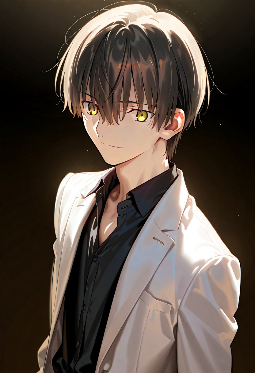 ((masterpiece, best quality, amazing quality, very aesthetic, absurdres)), 
Takeuchi takashi, ((solo)), calm, smile, closed mouth, 1boy, solo, peaceful, closed mouth, slim_build, detailed eyes, (((yagami_light face))), (((black hair, yellow eyes))), ((short hair, hair between eyes)), (((white suit, open suit, black shirt, collared shirt, black slacks))), no background, dark background, sideshot, cowboy shot, dark background, portrait,