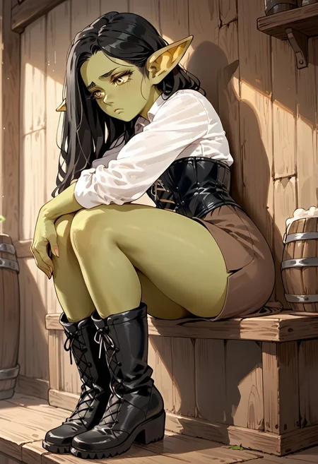 score_9, score_8_up, score_7_up, 1 girl, goblin, sharp ears, wide hips, brown skirt, black boots, corset, white shirt, black hair, green skin, solo, leaning against wall, tavern wall, sitting, hugging knees, sad