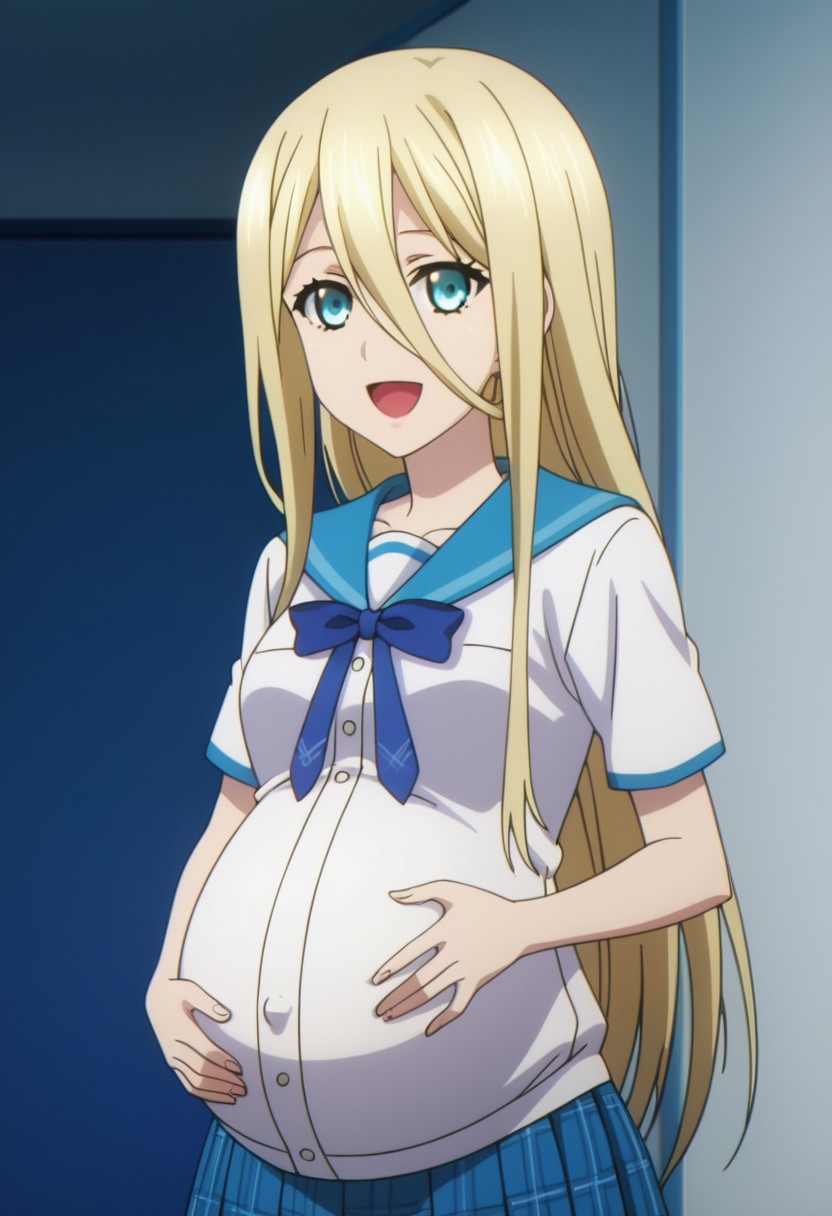 best quality, masterpiece, 4k, perfect lighting, very aesthetic, anime, anime coloring, official art, anime screencap,
OverallDetail, fFaceDetail, 
bedroom, happy, pregnant belly, hand on belly,
Avrora, blonde hair, school uniform, white shirt, long hair,
<lora:Pregnant Bump:1>