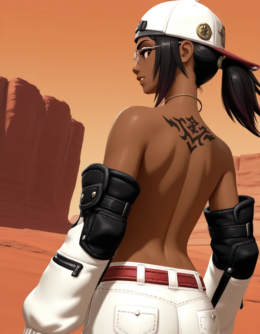 topless aija_backward_cap, aija_detached_sleeves, aija_shorts, aija_accessories, aija_belt, (aija_tattoo:), glasses, brown eyes, dark skin, solo, canyon, back to viewer, ,sideways mouth ,(vivid high contrast colors), short cartoony simplistic art style mix, wakfu, (speedoru:0.6), (diives:0.7),
<lora:Aijalon_FFXIV_OC_Solution_9_WHM:0.7>