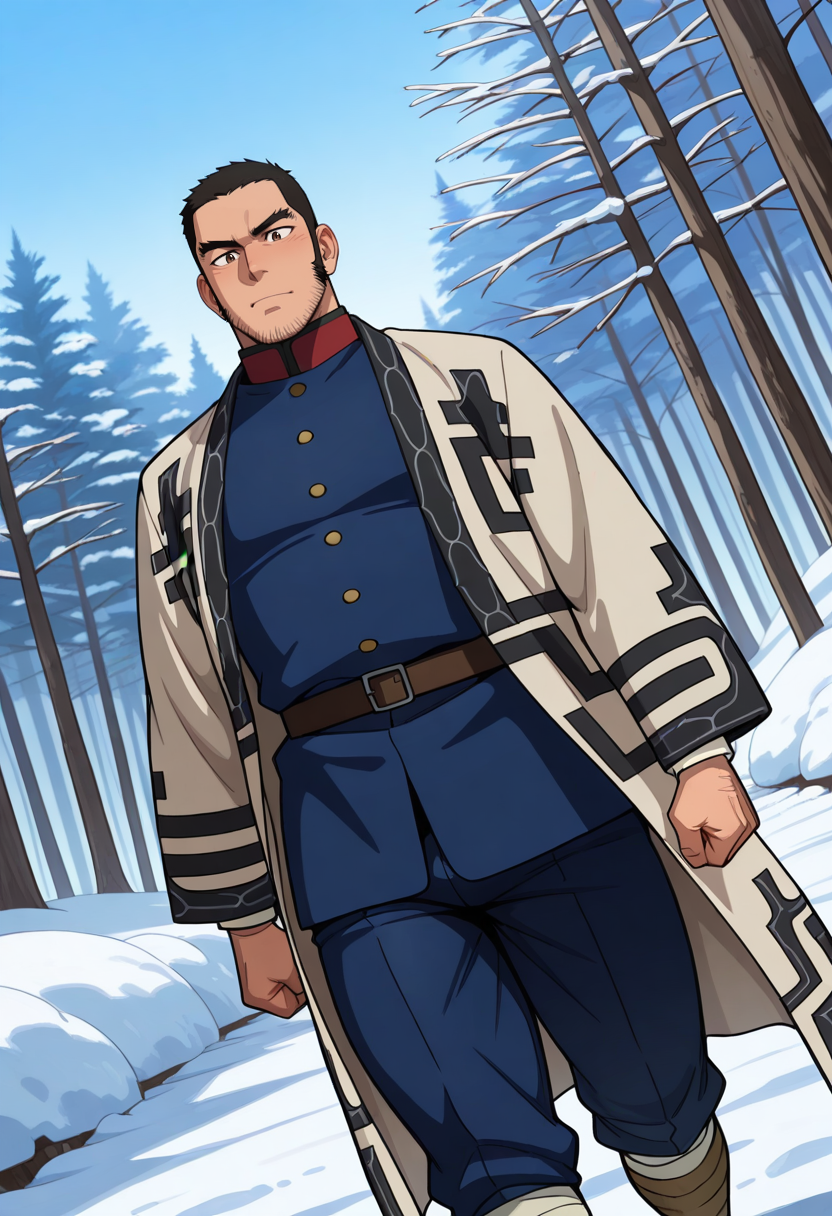 score_9, score_8_up, score_7_up, score_6_up, perfect anatomy, perfect proportions, best quality, masterpiece, high_resolution, high quality, highres, bara, 1boy, solo focus, solo, mature, masculine, manly, hunk, virile, handsome, charming, alluring, source_anime, anime coloringupper body, dutch angle, cowboy shot, BREAK Genjirou Tanigaki, GKGenjirou, black hair, short hair, buzzcut, dark brown eyes, thick eyebrows, long sideburns, facial hair, chinstrap stubble, jawline stubble, Genjirou_outfit04, Imperial Japanese Army uniform 1886 version, dark blue tunic jacket, white Ainu robe, white Attush robe, open robe, open clothes, Ainu pattern, dark blue straight trousers, white puttees, brown boots, outdoor, nature, snow, winter, low angle, from below