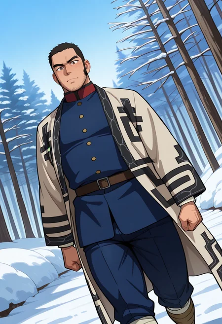 score_9, score_8_up, score_7_up, score_6_up, perfect anatomy, perfect proportions, best quality, masterpiece, high_resolution, high quality, highres, bara, 1boy, solo focus, solo, mature, masculine, manly, hunk, virile, handsome, charming, alluring, source_anime, anime coloringupper body, dutch angle, cowboy shot, BREAK Genjirou Tanigaki, GKGenjirou, black hair, short hair, buzzcut, dark brown eyes, thick eyebrows, long sideburns, facial hair, chinstrap stubble, jawline stubble, Genjirou_outfit04, Imperial Japanese Army uniform 1886 version, dark blue tunic jacket, white Ainu robe, white Attush robe, open robe, open clothes, Ainu pattern, dark blue straight trousers, white puttees, brown boots, outdoor, nature, snow, winter, low angle, from below