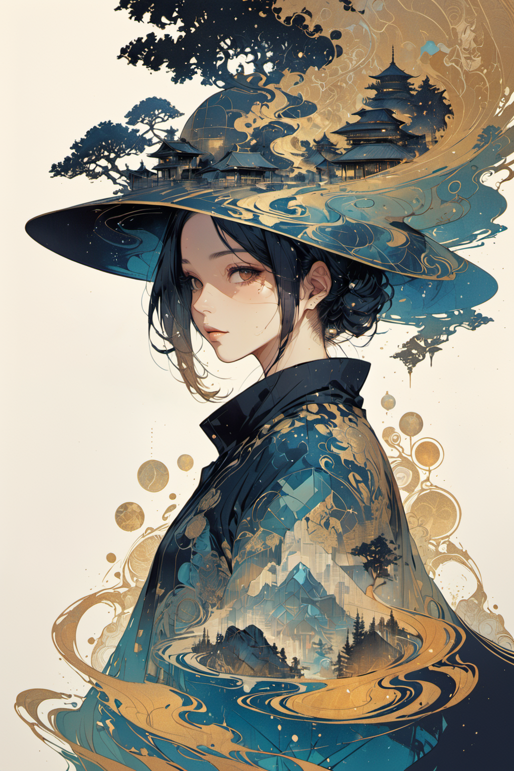 masterpiece,best quality,mysterious silhouette woman with hat,by Minjae Lee,Carne Griffiths,Emily Kell,Steve McCurry,Geoffroy Thoorens,Aaron Horkey,Jordan Grimmer,Greg Rutkowski,amazing depth,double exposure,surreal,geometric patterns,intricately detailed,bokeh,perfect balanced,deep fine borders,artistic photorealism,smooth,great masterwork by head of prompt engineering,<lora:Zenpainting l ç¦ææç»-SDXL_v1.0:0.7>, zen painting illustration,