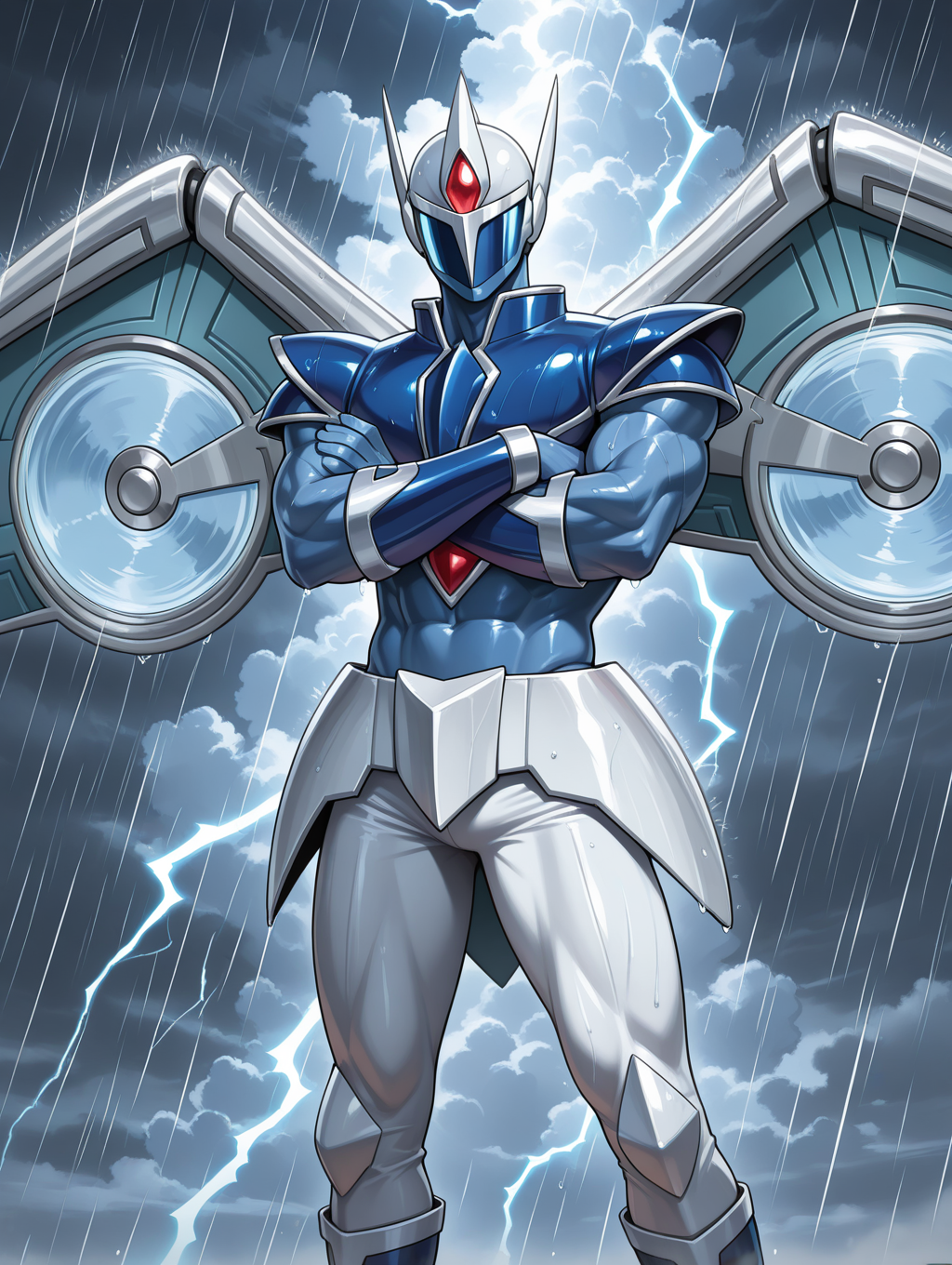 1boy,elemental hero stratos,solo,male focus,looking at viewer,tokusatsu,wind,standing,muscular male,covered face,white helmet,blue full bodysuit,blue shoulder armor,white mechanical wings,blue vambraces,white pants,blue boots,white armored skirt,lightning,cloudy sky,glowing,rain,crossed arms,
masterpiece,best quality,amazing quality,very aesthetic,absurdres,newest,<lora:Elemental HERO Stratos illuXL v1:0.73>,