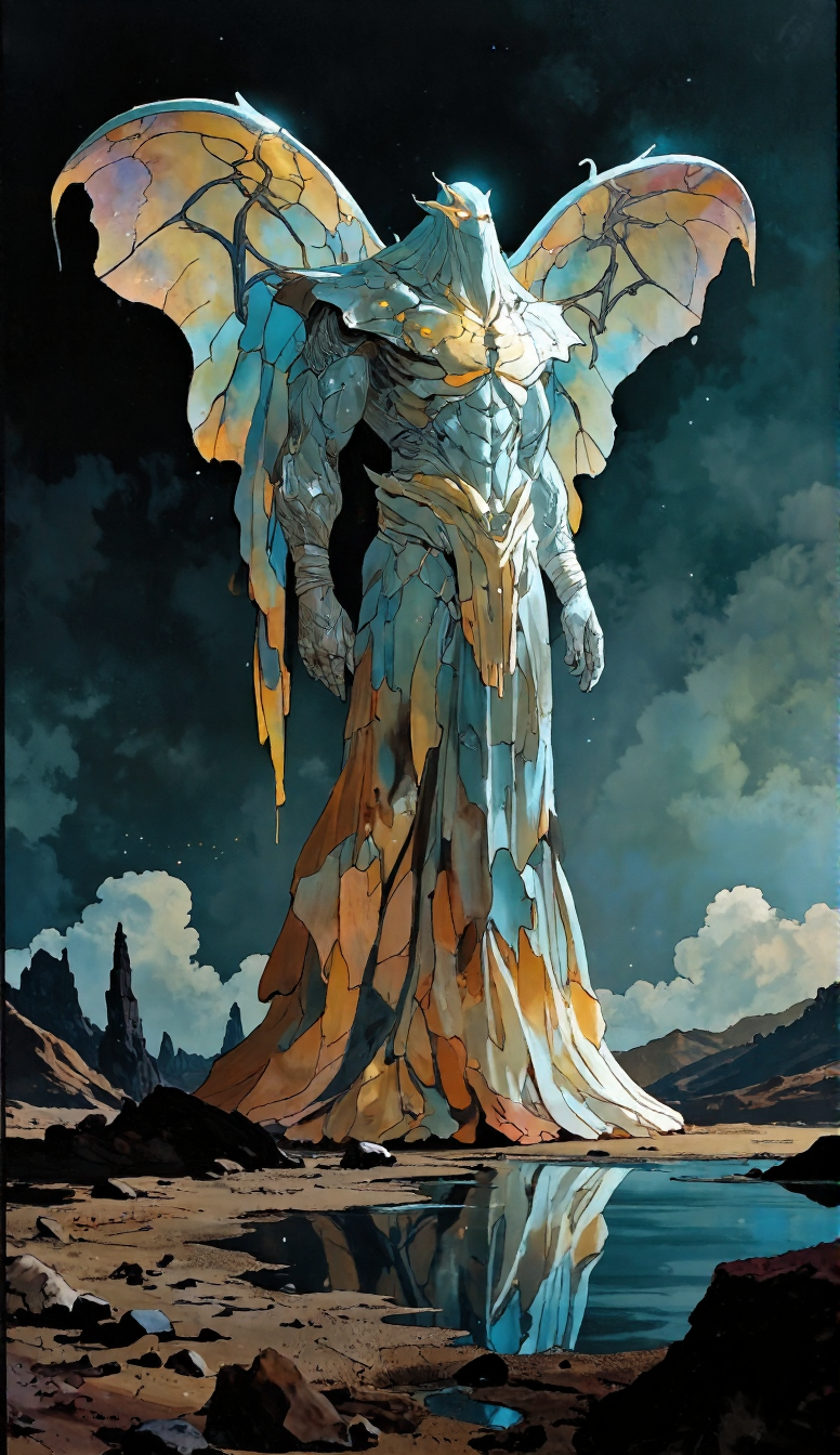 A towering, majestic figure stands in a surreal, otherworldly landscape. The figure is a humanoid creature with a stone-like, metallic body, covered in segmented armor that looks like fractured stone, with cracks glowing softly. Its large, translucent wings spread wide, resembling stained glass with liquid, iridescent colors reflecting the light. The creature’s form blends with flowing, ethereal cloth-like extensions from its body that resemble a tattered robe or cape. It stands next to a calm pool of water, its reflection rippling across the surface. In the distance, jagged rock formations rise against a dark, cloudy sky, with faint stars dotting the background. The overall mood is mystical and awe-inspiring, evoking a sense of ancient power and grace in a mysterious, desolate landscape.
<lora:FantasyAnimeRealism:0.7>  <lora:FLUX_animeniji_Animeniji_01:0.7> <lora:StainedGlassFlux:0.6>