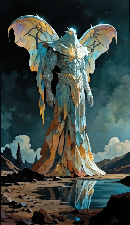 A towering, majestic figure stands in a surreal, otherworldly landscape. The figure is a humanoid creature with a stone-like, metallic body, covered in segmented armor that looks like fractured stone, with cracks glowing softly. Its large, translucent wings spread wide, resembling stained glass with liquid, iridescent colors reflecting the light. The creature’s form blends with flowing, ethereal cloth-like extensions from its body that resemble a tattered robe or cape. It stands next to a calm pool of water, its reflection rippling across the surface. In the distance, jagged rock formations rise against a dark, cloudy sky, with faint stars dotting the background. The overall mood is mystical and awe-inspiring, evoking a sense of ancient power and grace in a mysterious, desolate landscape.
<lora:FantasyAnimeRealism:0.7> <lora:FLUX_animeniji_Animeniji_01:0.7> <lora:StainedGlassFlux:0.6>