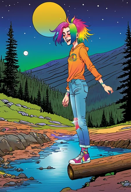 <lora:InfiniteTina:.6> a 17-year-old InfiniteTina with rainbow hair tripping on acid out at the creek with a full moon.
