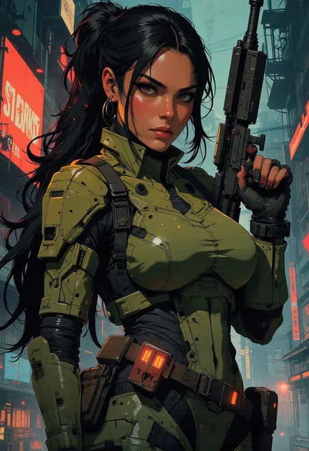 magnificent, closeup portrait, female bounty hunter, braided black hair, futuristic armor, halo spartan, spartan armor, sexy, curvy, large breasts, large ass, aiming a sniper rifle, sniper rifle, aiming rifle, holstered pistol, Cyberpunk City, Neon Lights, foreshortening,
looking at viewer, solo, 
Cowboy Shot, close up, from above,