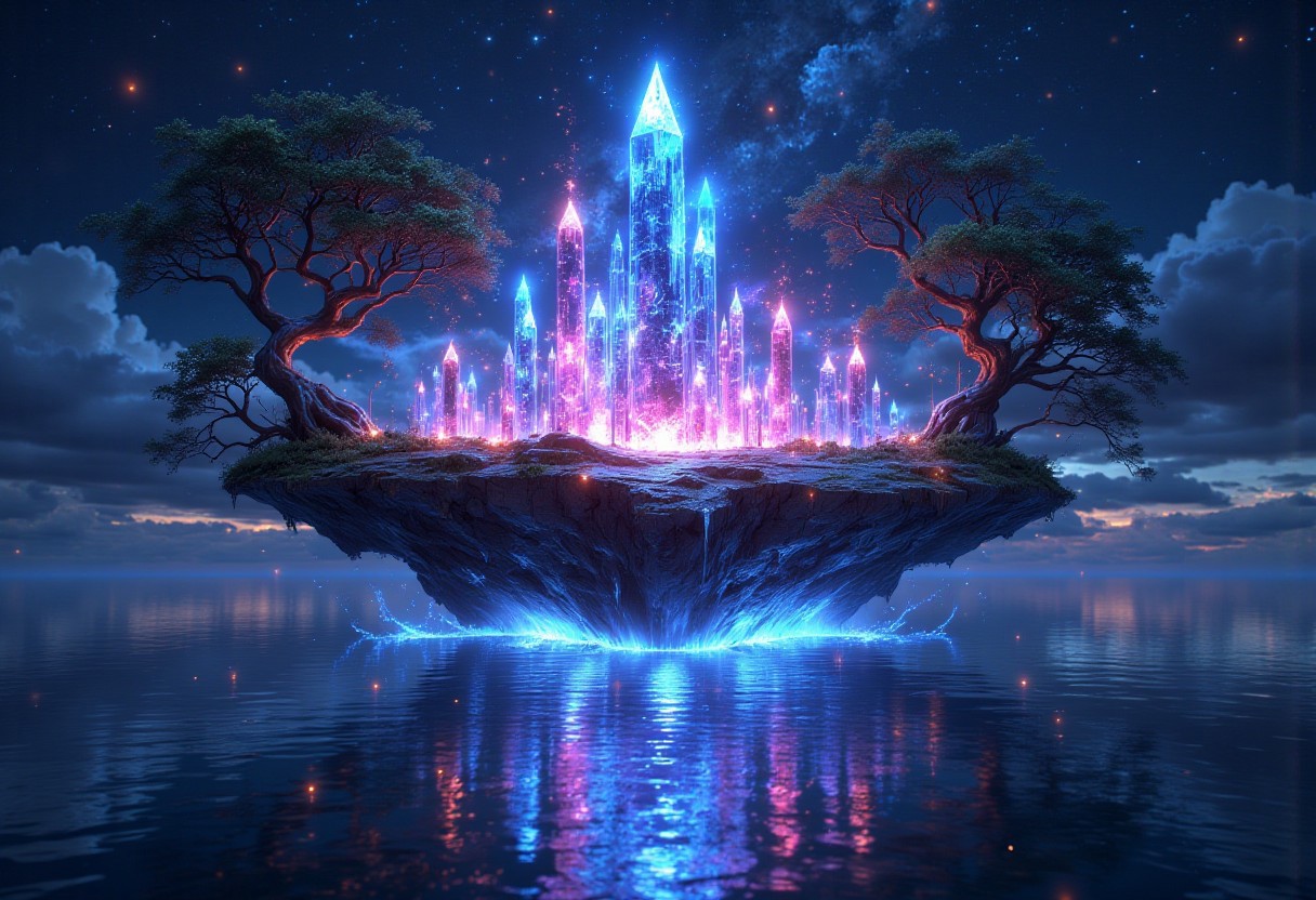 A floating island of glowing crystals in shades of blue and pink, with twisted trees stretching toward a starry sky. A serene lake reflects shimmering auroras, while fireflies leave trails of light in the gentle breeze