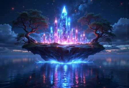 A floating island of glowing crystals in shades of blue and pink, with twisted trees stretching toward a starry sky. A serene lake reflects shimmering auroras, while fireflies leave trails of light in the gentle breeze