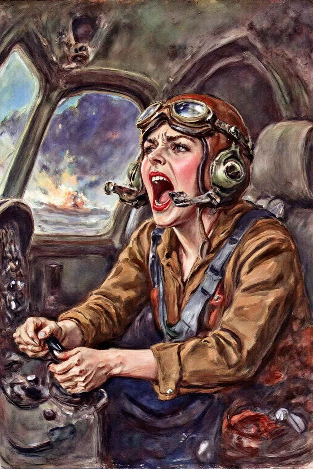 jamesmontgomeryflagg1 illustration.
A female pilot screaming inside the cockpit of a World War II bomber. The pilot, wearing a vintage leather flight helmet with goggles and a bomber jacket, grips the controls with white-knuckled hands. Her face is contorted in a mix of fear and determination as she yells, her eyes wide with adrenaline. The cockpit is cramped and filled with old-fashioned dials and gauges, with the outside view showing dark stormy clouds and distant anti-aircraft fire <lora:jamesmontgomeryflagg1_cap_d8a4e12:1.0><lora:859128913073279414:0>