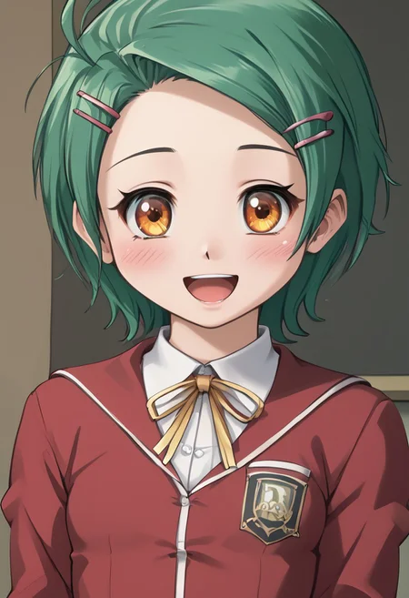 score_4,score_5,score_6,score_7_up,score_8_up,score_9
JSK Studio,Multiview,
((masterpiece,best quality,ultra detailed,highres,HD,4k:1.2)),
(small breast:1.2),1 cute girl,
Erika,green hair,very short hair,orange eyes,((hairpin)),parted bangs,
school uniform, red cardigan, black miniskirt,
smile,blush,open mouth,