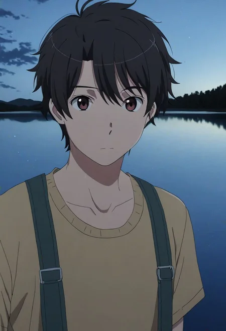 high resolution, solo, best quality, 1Boy, Inaho Kaizuka, Black Hair, Brown Eyes, swimming, natural lake, clear water, shirtless, shorts, sixpack, twilight, OverallDetail