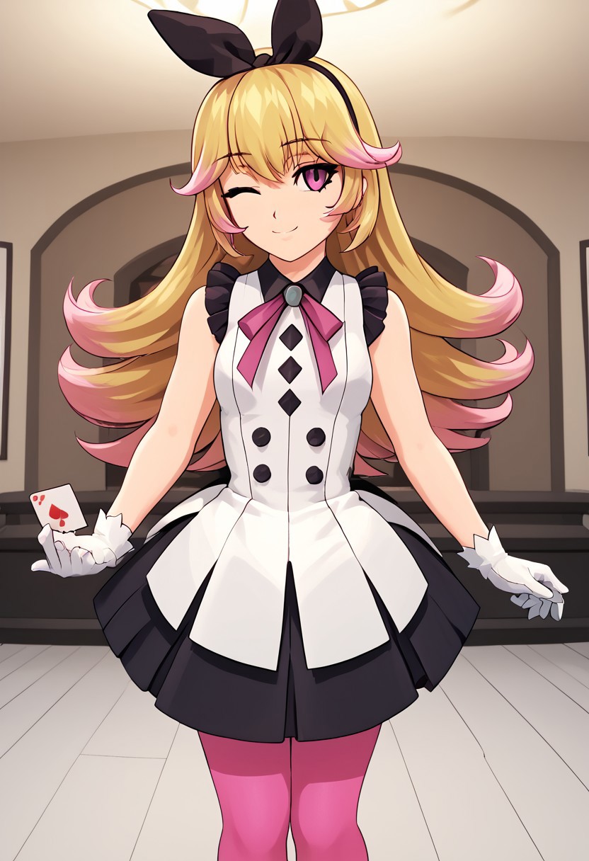 score_4,score_5,score_6,score_7_up,score_8_up,score_9
((masterpiece,best quality,ultra detailed,highres,HD,4k:1.2)),
1girl,solo,
dark pink eyes, blonde hair, long hair, hairband, ribbon, multicolored hair, pink hair tips, bangs, ribbon on clothes, pink pantyhose, white gloves, gloves, sleeveless dress, frilly dress, black footwear, black shoes,
standing,Indoors, luxurious interiors,holding a playing card, smile, wink,