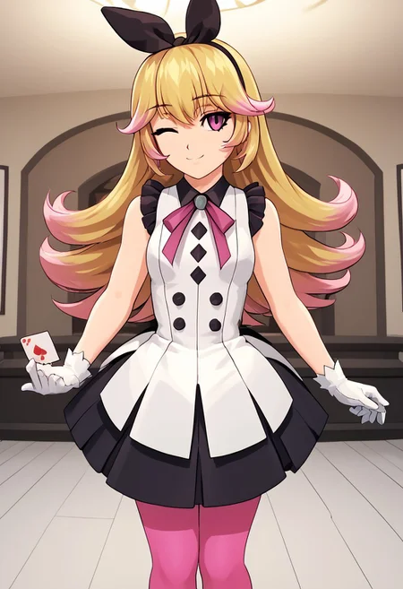 score_4,score_5,score_6,score_7_up,score_8_up,score_9
((masterpiece,best quality,ultra detailed,highres,HD,4k:1.2)),
1girl,solo,
dark pink eyes, blonde hair, long hair, hairband, ribbon, multicolored hair, pink hair tips, bangs, ribbon on clothes, pink pantyhose, white gloves, gloves, sleeveless dress, frilly dress, black footwear, black shoes,
standing,Indoors, luxurious interiors,holding a playing card, smile, wink,