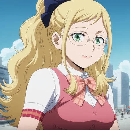 <lora:SlimesMelissaShield:1>, slimes_melissashield, woman, solo, glasses, smile, pink vest, city background