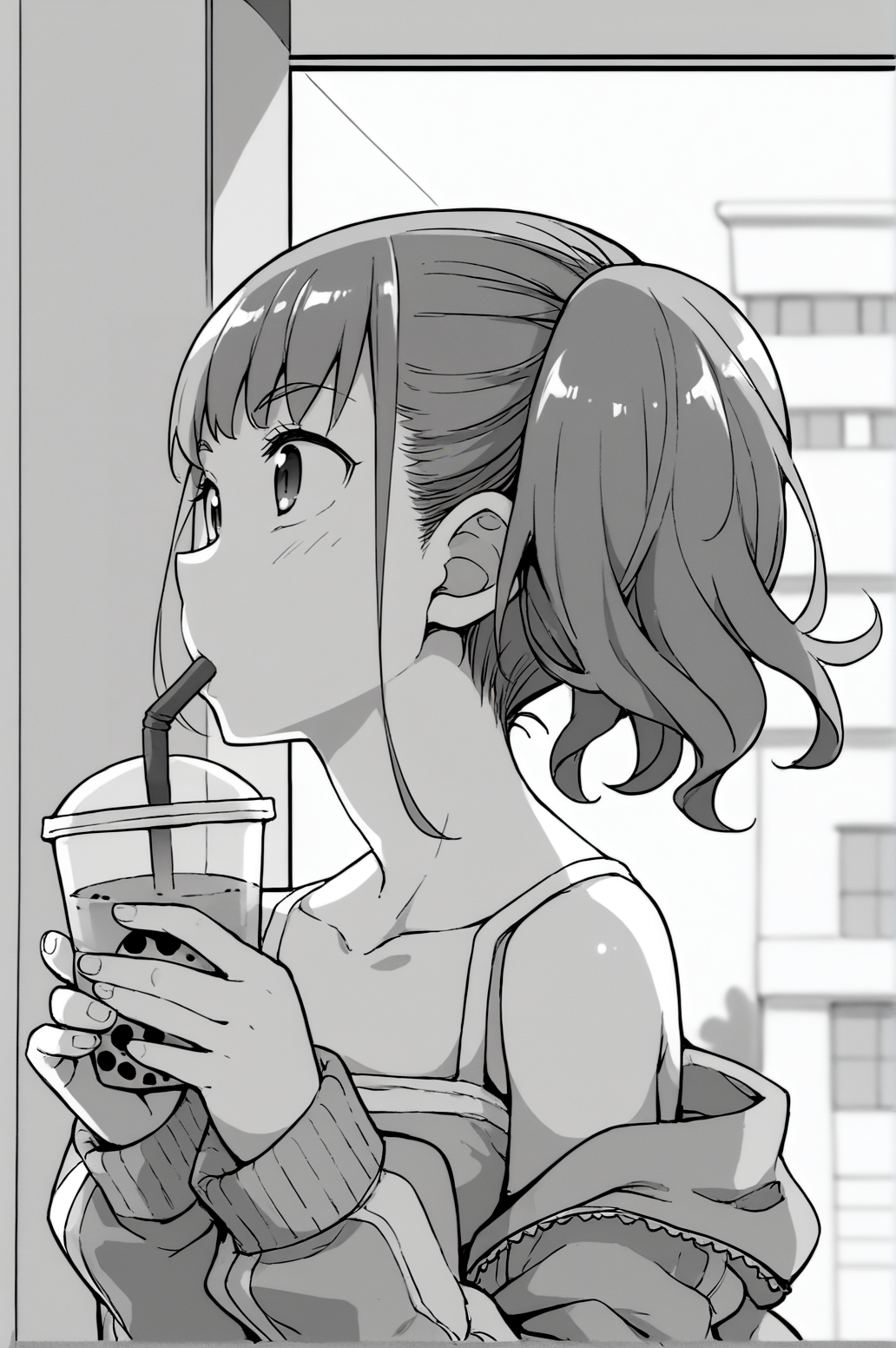 score_9, score_8_up, score_7_up, monochrome, manga_source, best background, detailed background, manga, grayscale   Mesugaki, Main Outfit,  upper body, drinking, bubble tea, <lora:JN_Mesugaki:0.8>