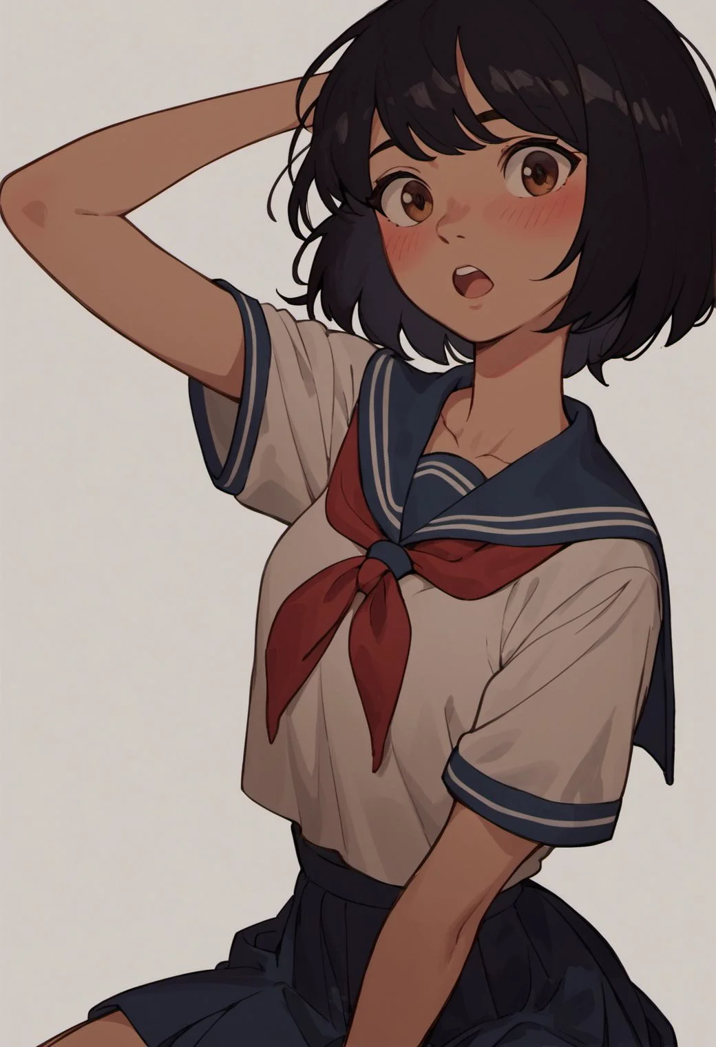 score_9, score_8_up, score_7_up, score_6_up, film grain,
Mangamast3r, 1girl, solo, looking at viewer, blush, short hair, open mouth, bangs, simple background, shirt, black hair, white background, brown eyes, school uniform,
<lora:Mangamaster_4000s-000007:0.7>,
 <lora:fix_hands:1.5>