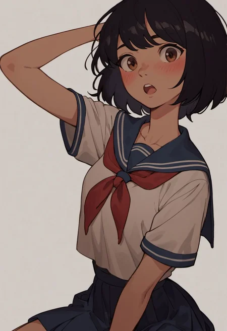 score_9, score_8_up, score_7_up, score_6_up, film grain,
Mangamast3r, 1girl, solo, looking at viewer, blush, short hair, open mouth, bangs, simple background, shirt, black hair, white background, brown eyes, school uniform,
<lora:Mangamaster_4000s-000007:0.7>,
<lora:fix_hands:1.5>