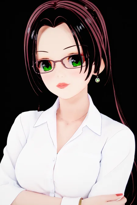 score_9, score_8_up, score_7_up, score_6_up, simple black background,   <lora:Elaine_OC_Waifu_PonyXL:1> elaine_oc, 1girl, long hair, black hair, green eyes, glasses